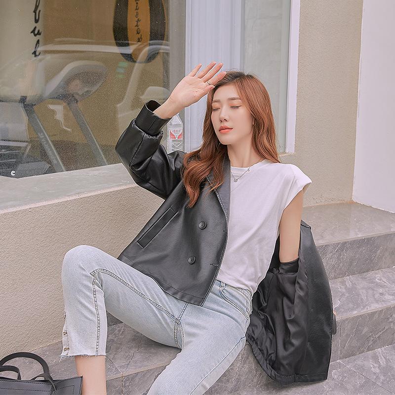 Кожаная женская осенняя байкерская одежда, женская кожаная куртка с отворотом, женская кожаная куртка