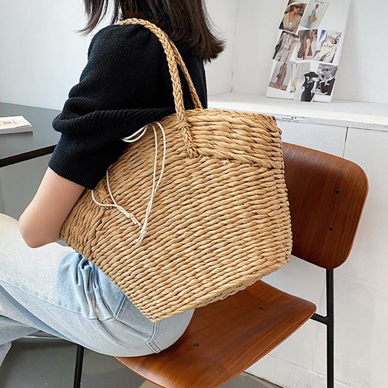 Summer Straw Bag Women Weave Handmade Handbag Drawstring Handle Bag Large Capacity Wave Point Tote Bag Shopping Bags KTY