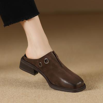 Модные Элегантные Женские Летние Новые Туфли-Слайды из Натуральной Коровьей Кожи с Квадратным Носком, Рабочие Туфли на Среднем Каблуке для Офиса, Лоферы-Шлепанцы Слипоны