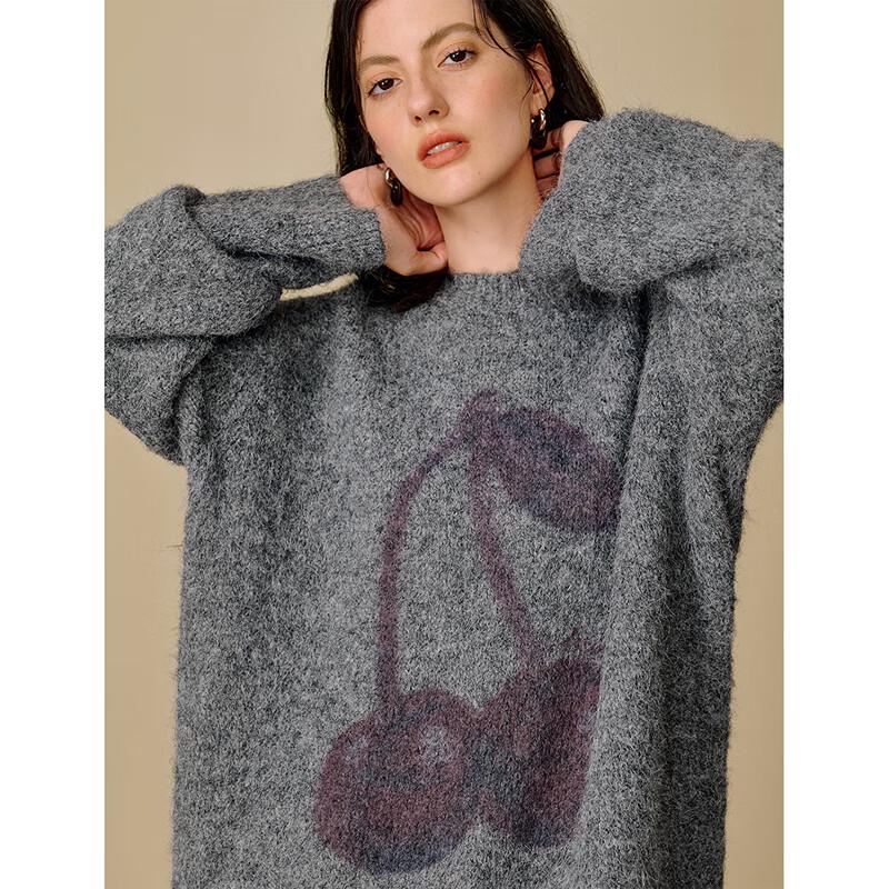 Женский свитер INMAN 2025 Зима, жаккардовый с вишнями, с круглым вырезом