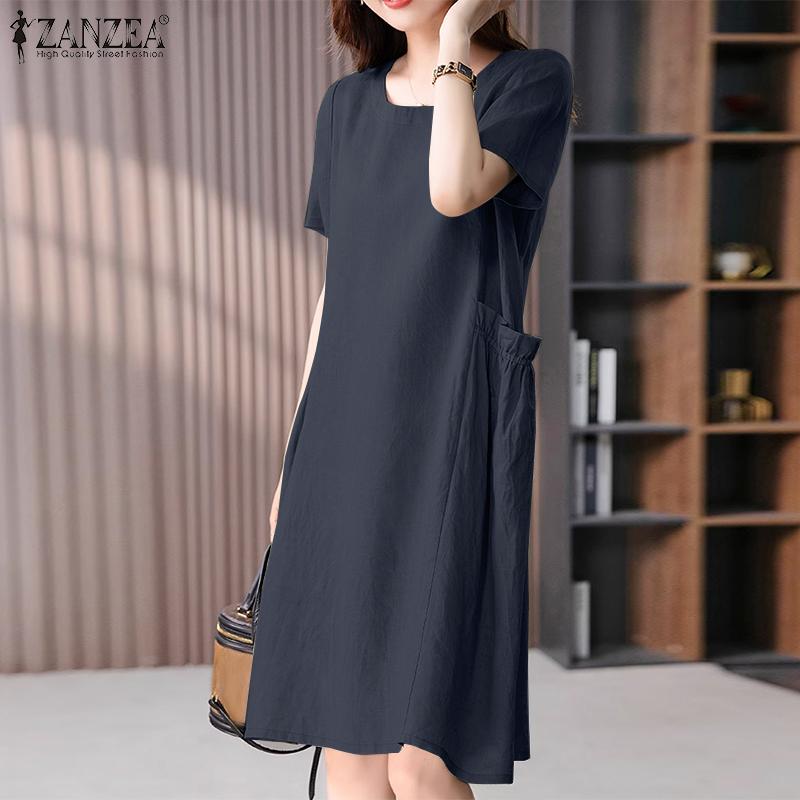ZANZEA Женское повседневное свободное платье с коротким рукавом и круглым вырезом, летнее платье