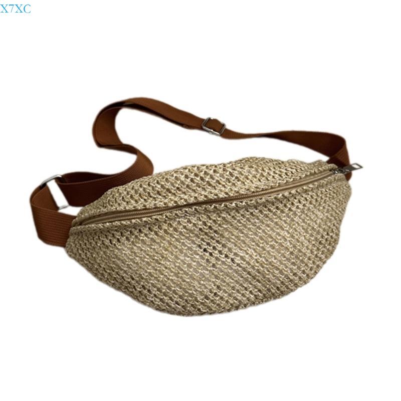 X7XC Women Casual Straw Crossbody Bag Woven Chest Bag Belt for Outdoor Activity