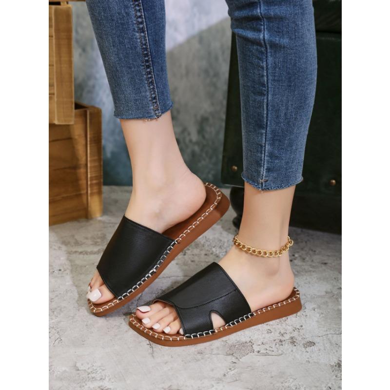 Летние новые плоские туфли с квадратным носком и одним словом, женские уличные сандалии, тапочки