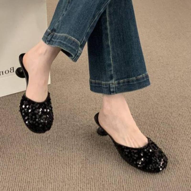 Сандалии розовые кристаллы летняя сексуальная обувь для женщин 2024 г. шлепанцы из горного хрусталя мюли женские тапочки драгоценности высокий каблук до 5 см нормальный F