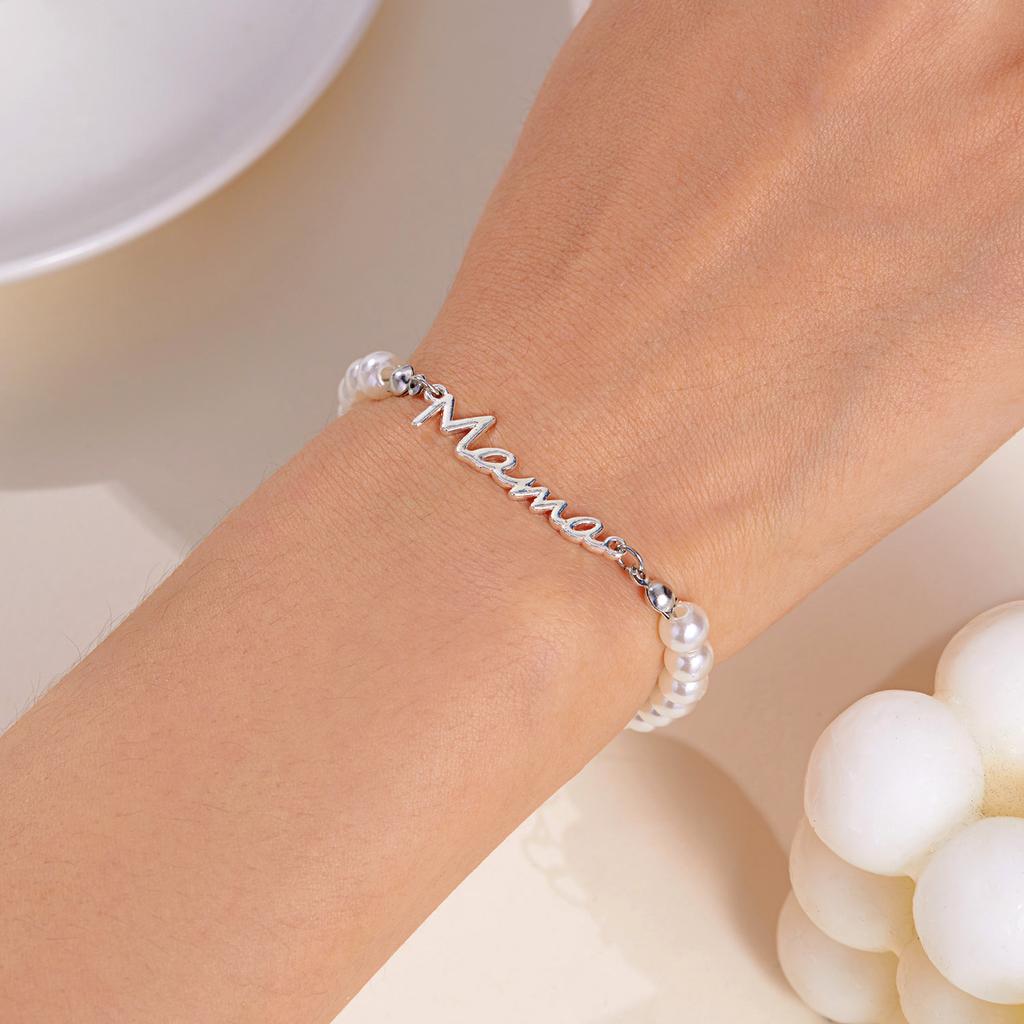 New Elegant Mother's Day Imitation Pearl Bracelet Charm Mama Letter Pendant Stainless Steel Bracelet for Women Jewelry Mom Gift