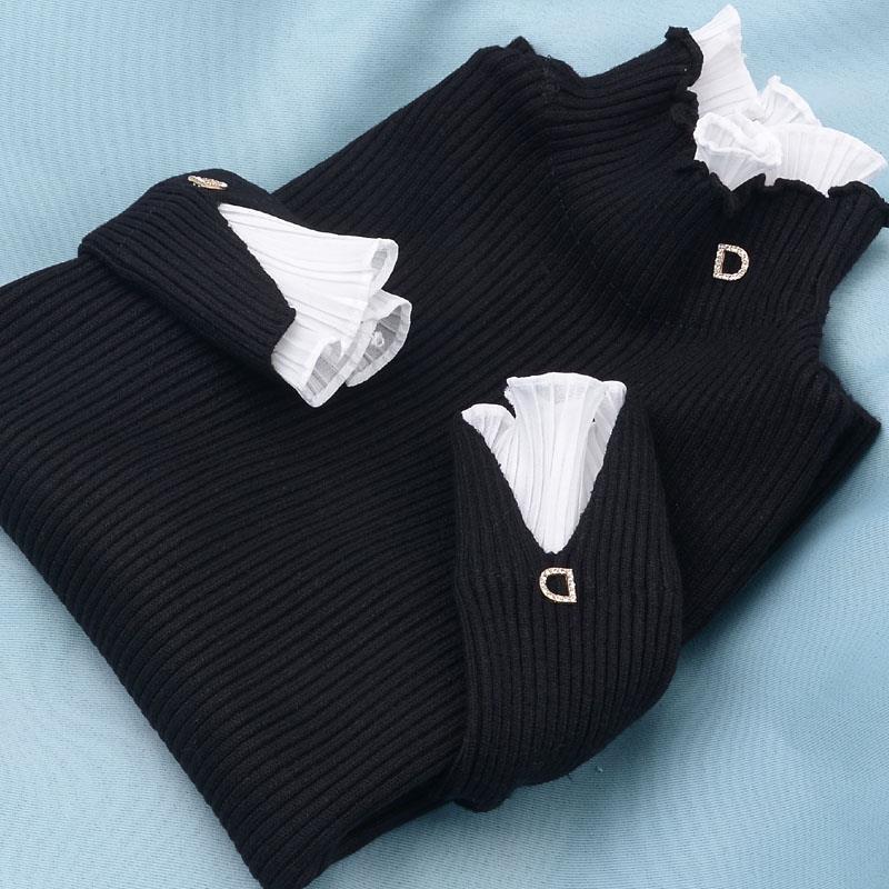 Водолазка с оборками, нижний свитер, женский весенне-осенний утягивающий пуловер из двух частей, свитер с кружевными оборками, вязаный свитер, топ