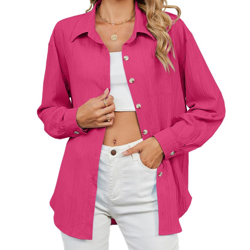 2024 Autumn/Winter New Solid Color Collar Button Pocket Loose Long Sleeve Shirt For Women