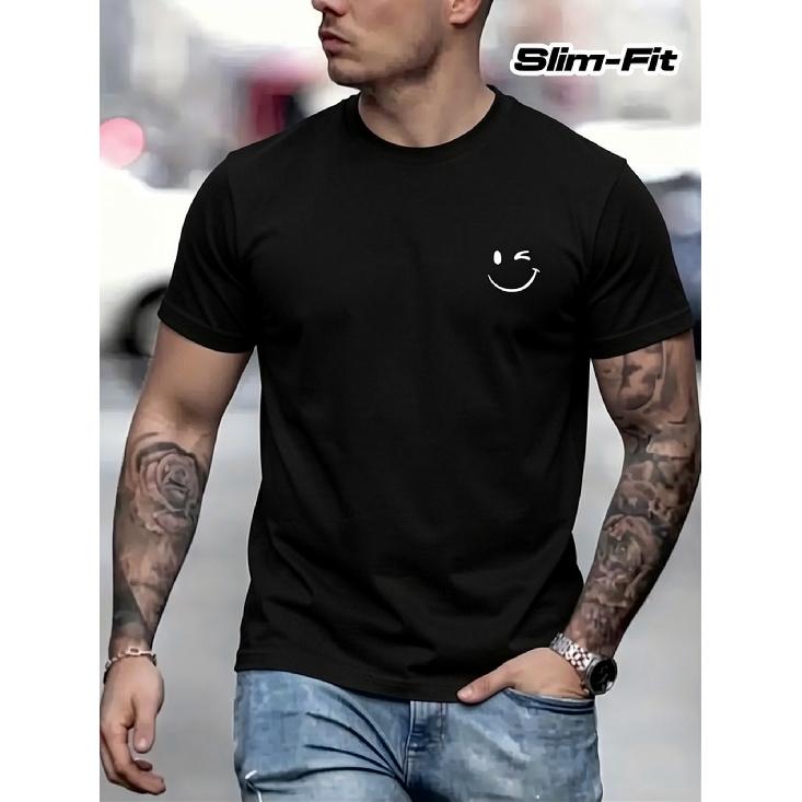 men's slim-fit black short-sleeve t-shirt with minimalist white smiley face graphic on chest, soft cotton blend fabric, crew neckline, casual