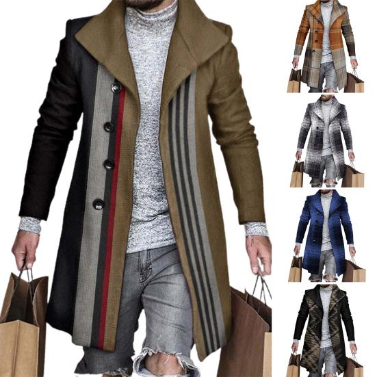 Lapel Long Sleeves Pockets Single-breasted Men Windbreaker Autumn Winter Mid-Length Plaid Patchwork Thickened Woolen Coat