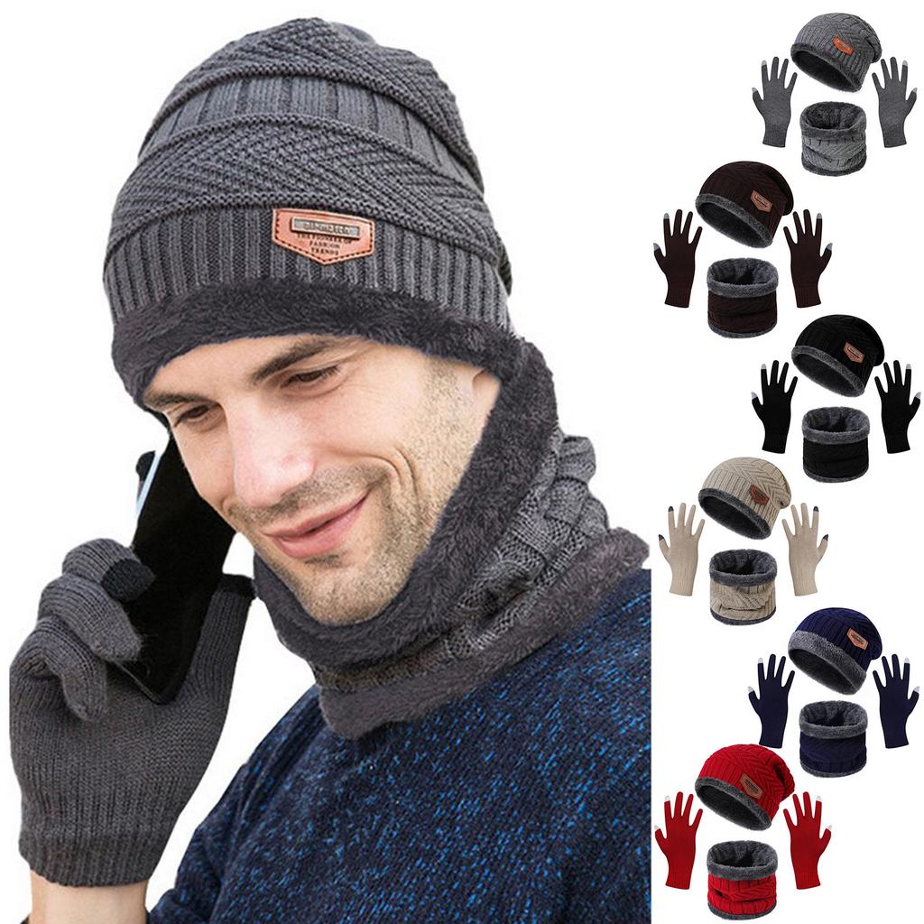 New Winter Men Simple And Stylish Knitted Hat Scarf And Gloves Winter Solid Warm Knitted Set Winter Warm Gifts For Male