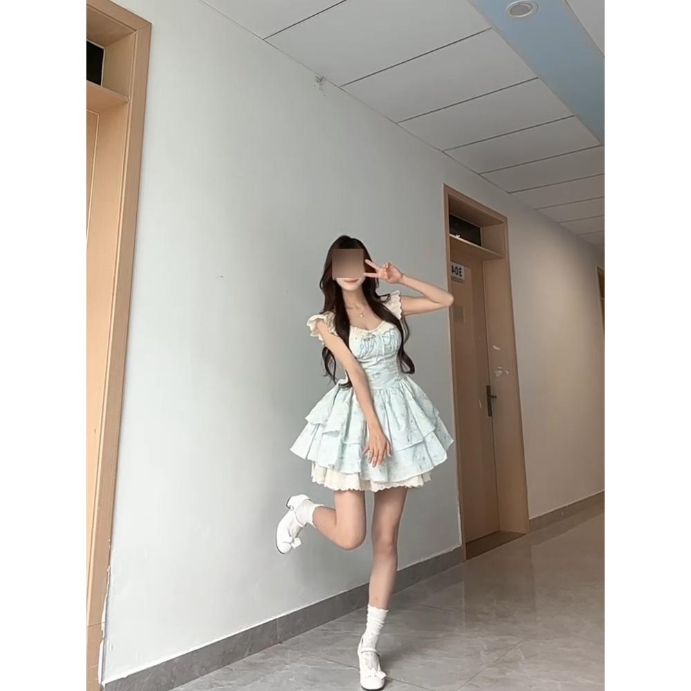 Sweet Little Flying Sleeve Floral Dress Children Summer Sweet Sister First Love Princess Puffy Skirt Waist Small Short Skirt