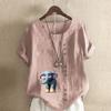 Women's New Fashion Linen Shirt Round Neck Short Sleeve Elephant Printed T-shirt Summer Ladies Casual Plus Size Blouse Tops