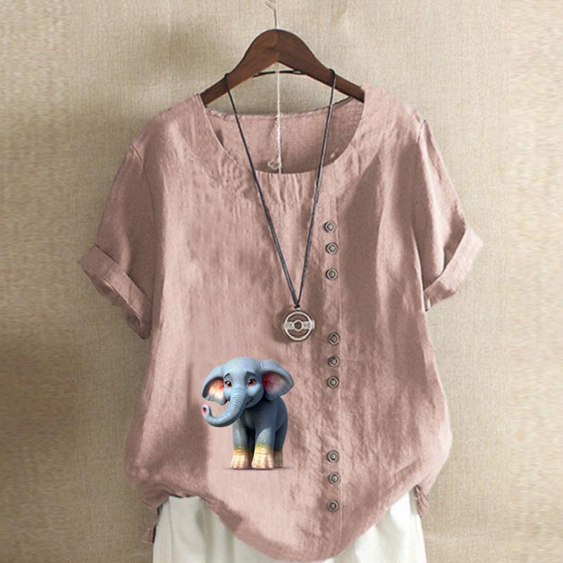Women's New Fashion Linen Shirt Round Neck Short Sleeve Elephant Printed T-shirt Summer Ladies Casual Plus Size Blouse Tops