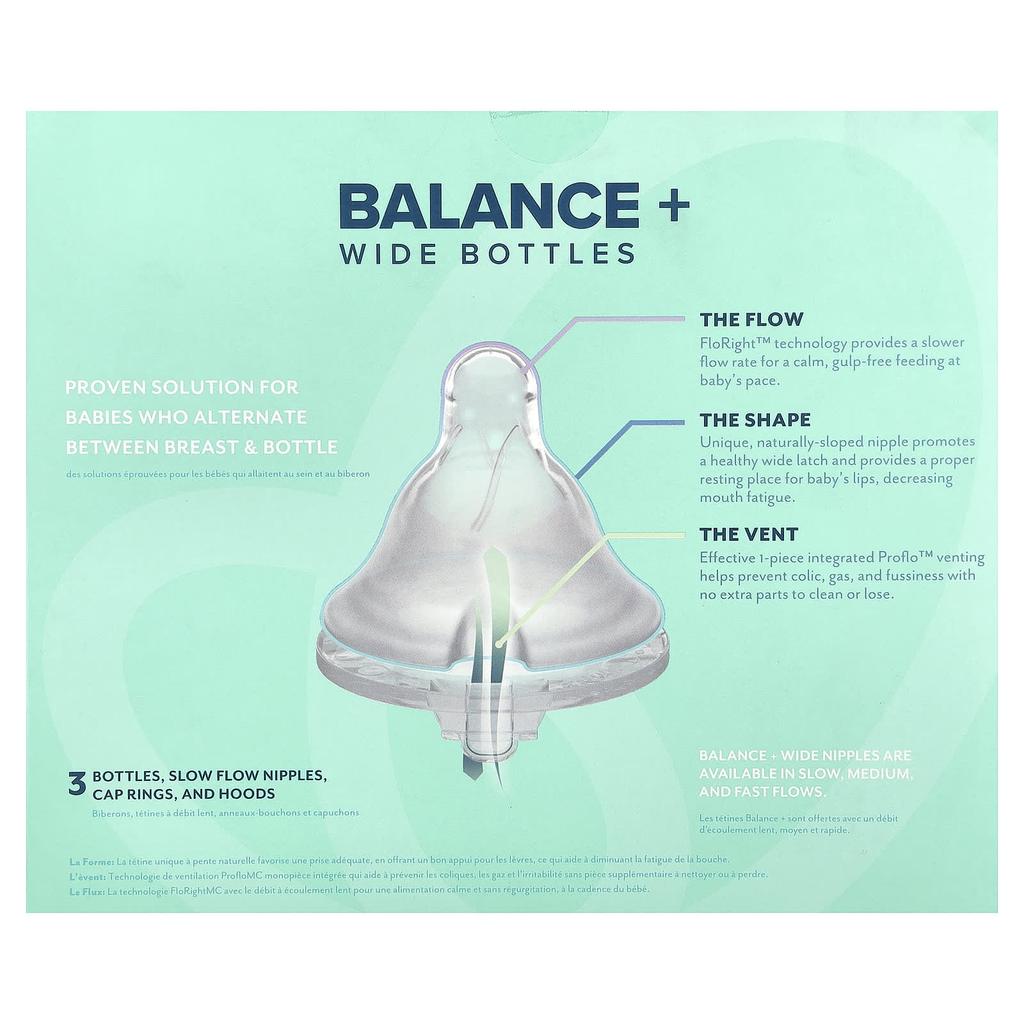 Evenflo Feeding Бутылочка Balance+, Широкая, 0+ месяцев, Медленный поток, 3 бутылочки, 270 мл (9 унций) Каждый
