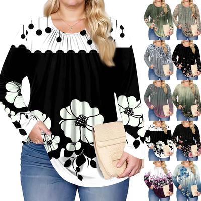 Женский модный топ большого размера с принтом, повседневный плиссированный, с круглым вырезом и длинными рукавами