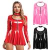 Women Latex Dress Deep V Neck Mesh Long Sleeves Mini Dress Shiny Faux Leather Dress Halloween Costume Rave Party Punk Club Wear
