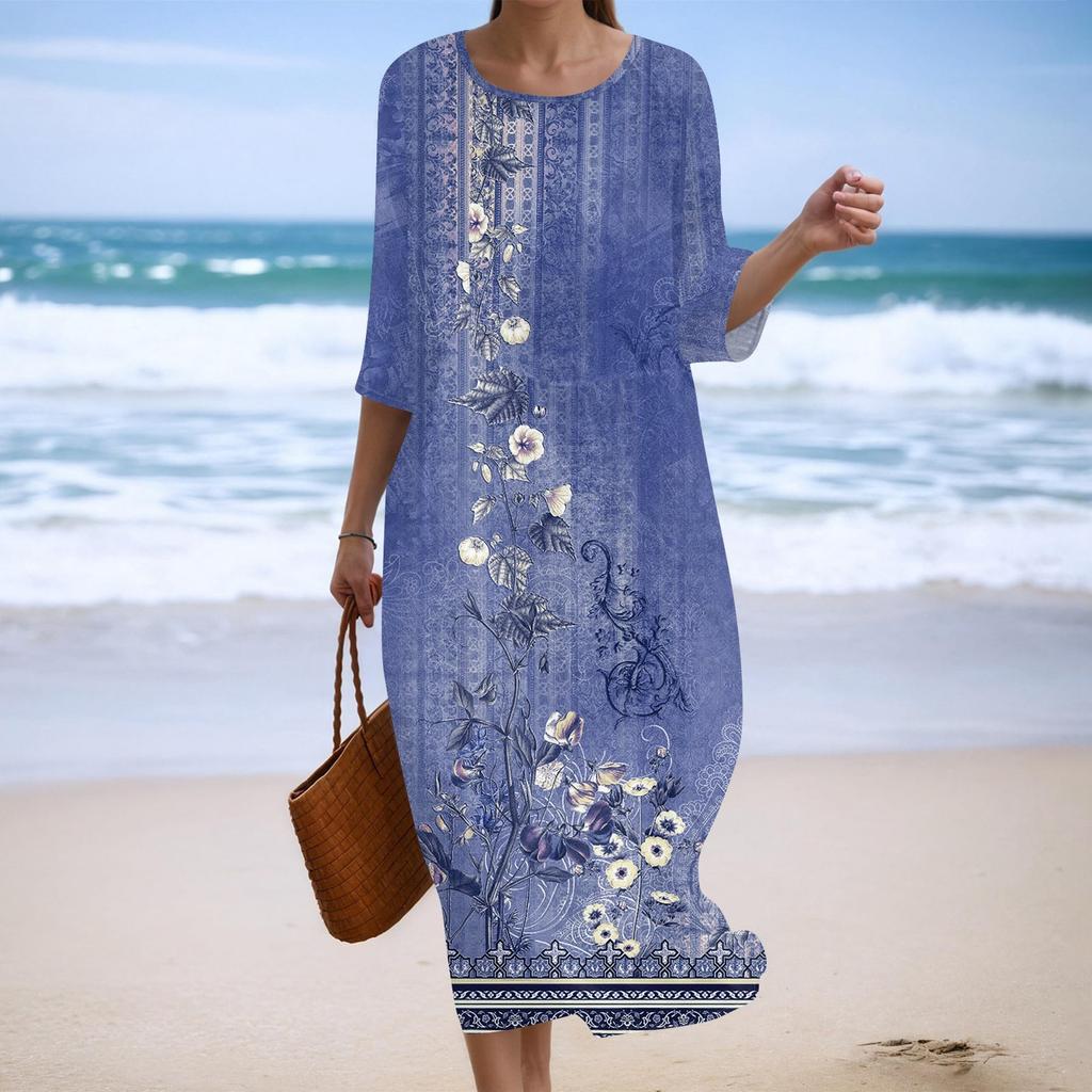 Women's Fashionable Printed Round Neck Seven Quarter Sleeve Loose Dress