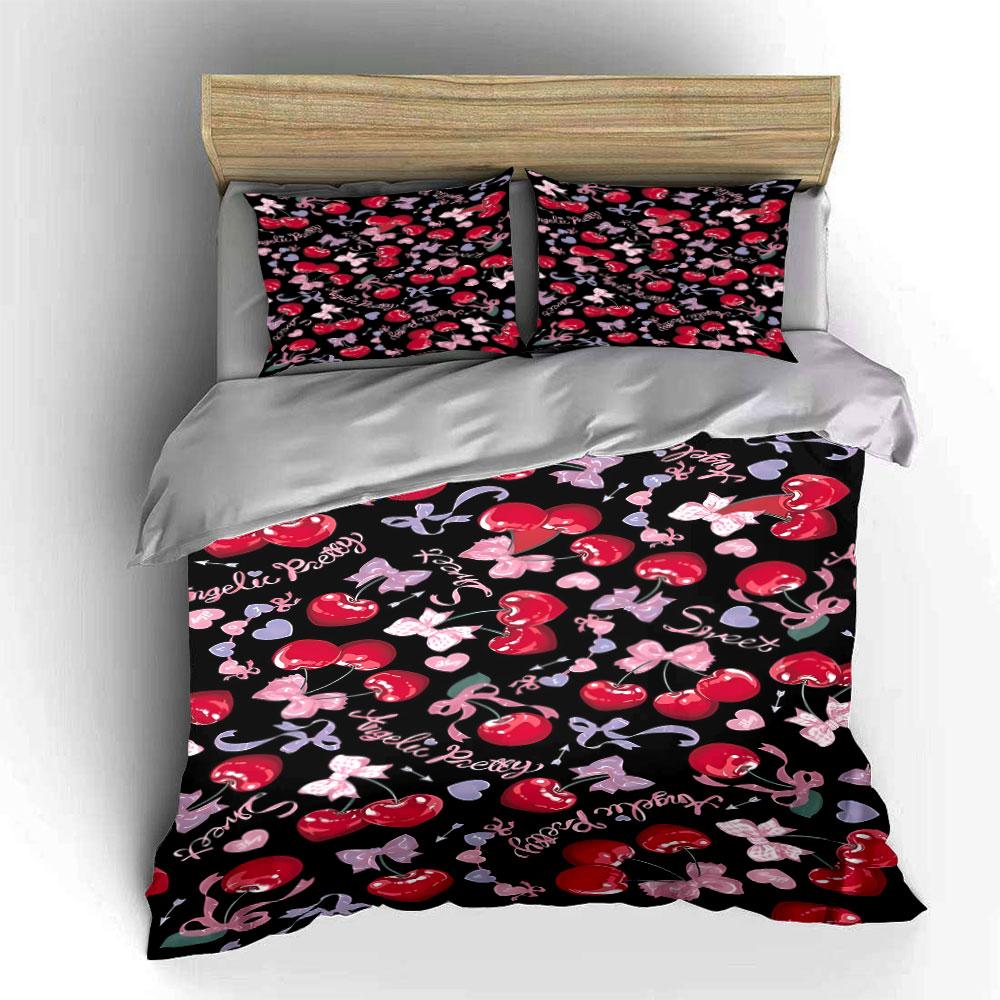 Red cherries, hearts, ribbons. Bedding sets Duvet cover sets Duvet covers Pillowcases(1 * Duvet Cover 2 * Pillowcases without duvet insert)