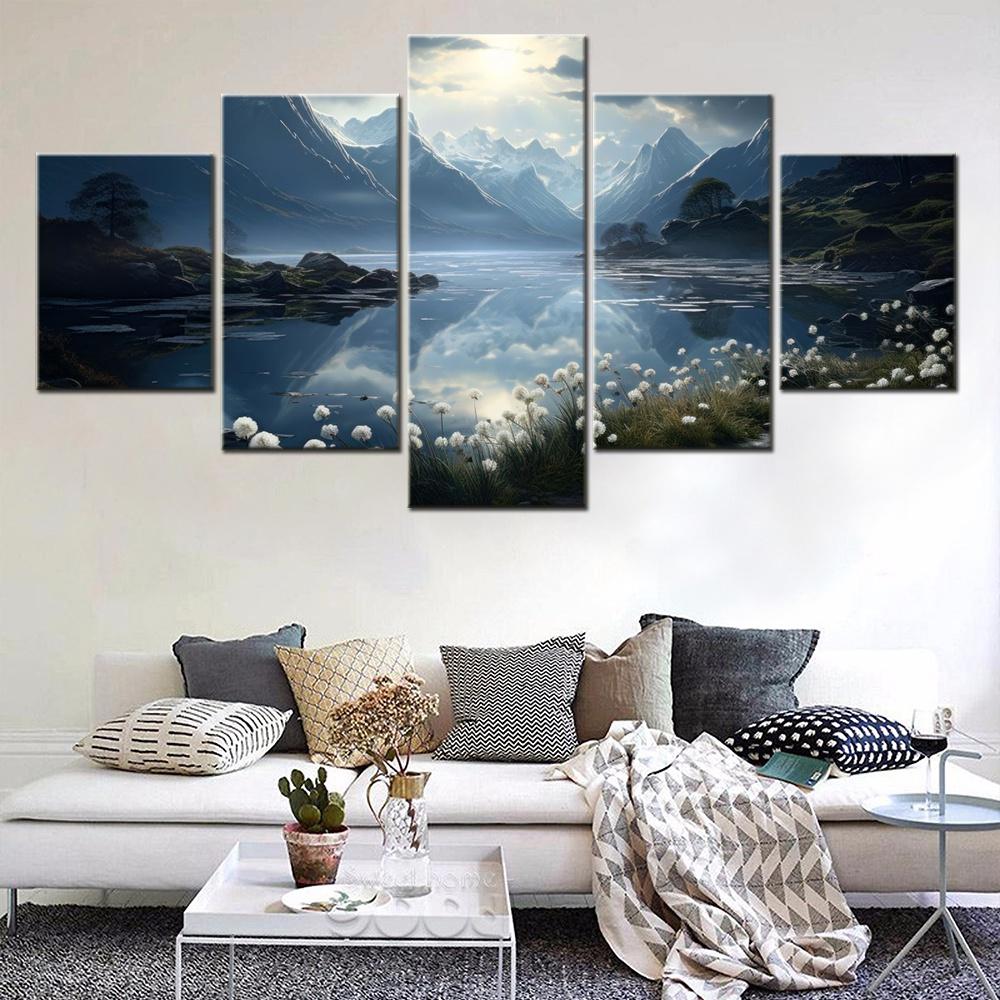 5 Panels Wall Canvas Picture Painting Nature Alpine lake Moonlight Wallpaper Home Decorative Poster For Bedroom Mural Modern Art