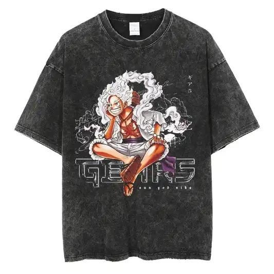 Japan Hot-blooded Anime One Piece Luffy Graphic Print T-Shirt Men Women Vintage Washed Cotton Summer New Tee Streetwear Y2K Fashion Oversized Top