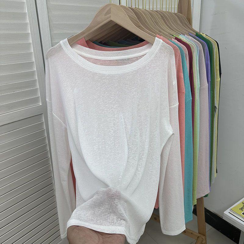 Женская однотонная футболка с длинными рукавами, летняя микропрозрачная футболка с круглым вырезом, корейская минималистская женская одежда