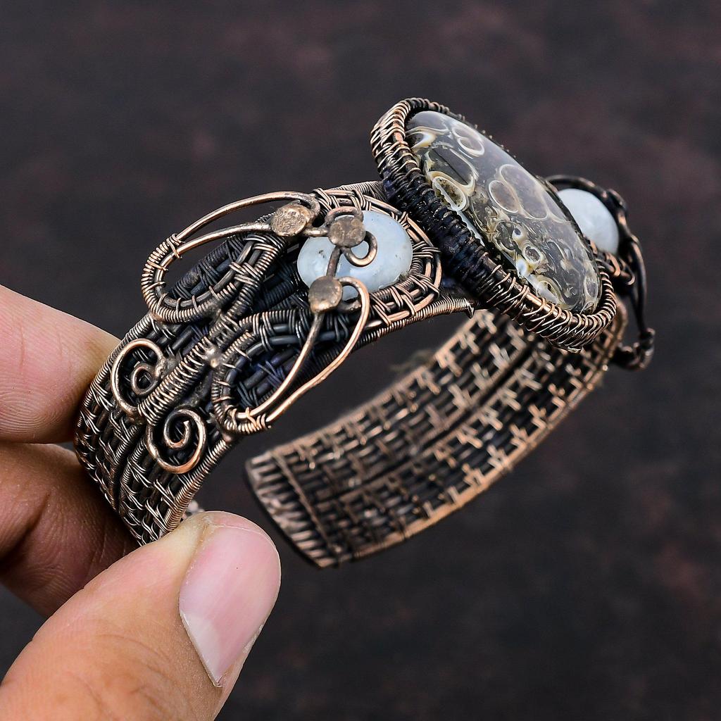 Браслет-манжета из агата Turritella, медная проволока, браслет-манжета из радужного лунного камня, регулируемый браслет ручной работы, медные украшения для подарка