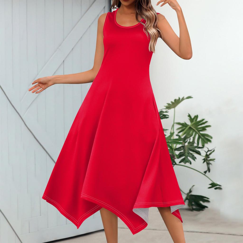 Женское повседневное модное платье миди без рукавов с круглым вырезом и нерегулярным подолом