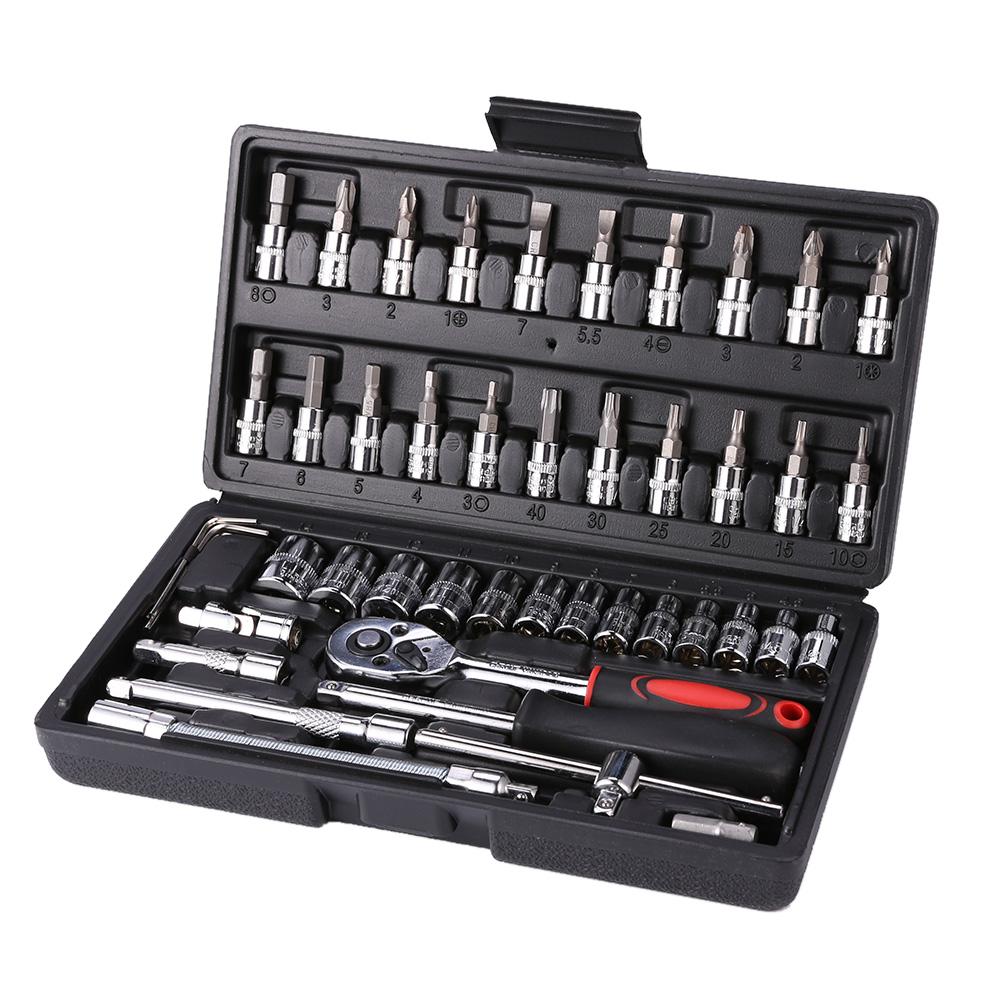 46pcs 1/4 Inch Drive Socket Set Ratchet Wrench Set With Bit Socket Wrench Mechanic Tool Kit for Car Motorcycle Bike Repair Tools