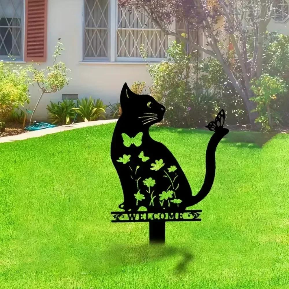 Один, милый кот, железное украшение для сада, вставка для животных, ограждение для кошек, украшение для газона в саду, художественное украшение для двора