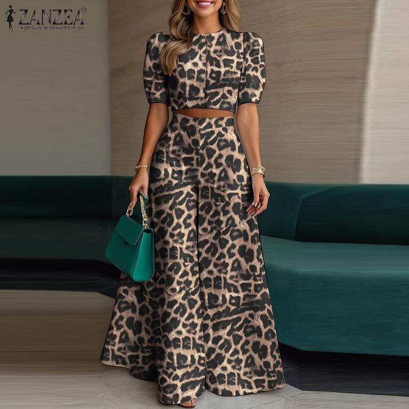 ZANZEA Womens Cropped Tops and Wide Leg Pants Leopard Print Two Piece Suit Sets