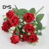 Искусственный букет роз с зелеными листьями на стебле Реалистичные многоразовые искусственные цветочные растения Украшение дома Свадебная вечеринка Фото