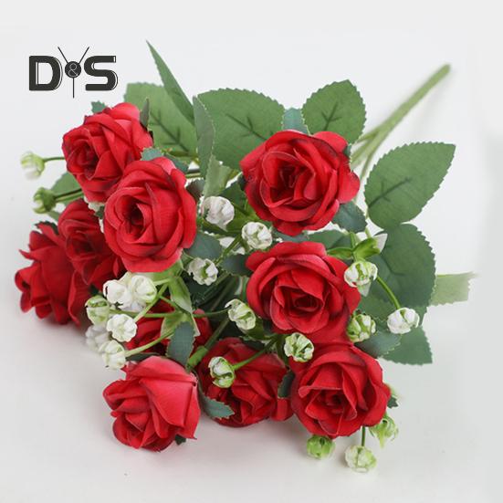 Искусственный букет роз с зелеными листьями на стебле Реалистичные многоразовые искусственные цветочные растения Украшение дома Свадебная вечеринка Фото