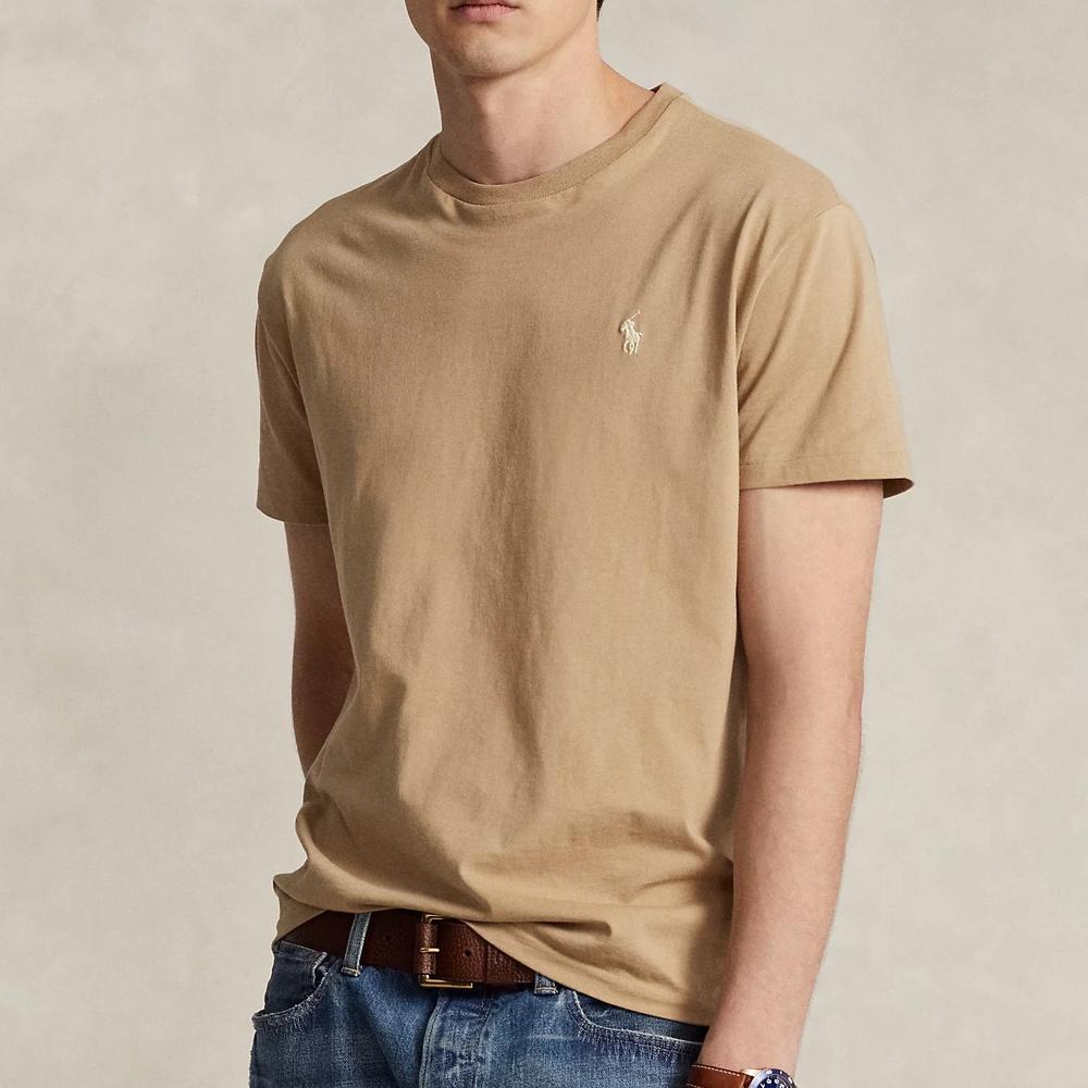 Polo Ralph Lauren FW23 однотонная футболка с вышитым маленьким пони, круглым вырезом и коротким рукавом, мужская футболка цвета хаки 710671426-241