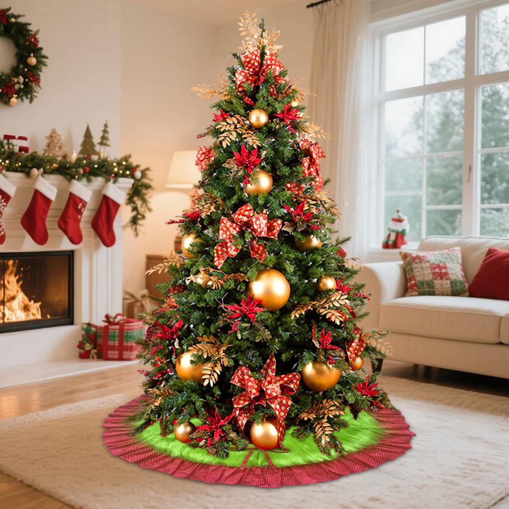 Red And Green Christmas Tree Skirt Furry Plush Christmas Tree Skirts Holiday Glittering Dot Mat Faux Round Carpet For Home Xmas Party Decor