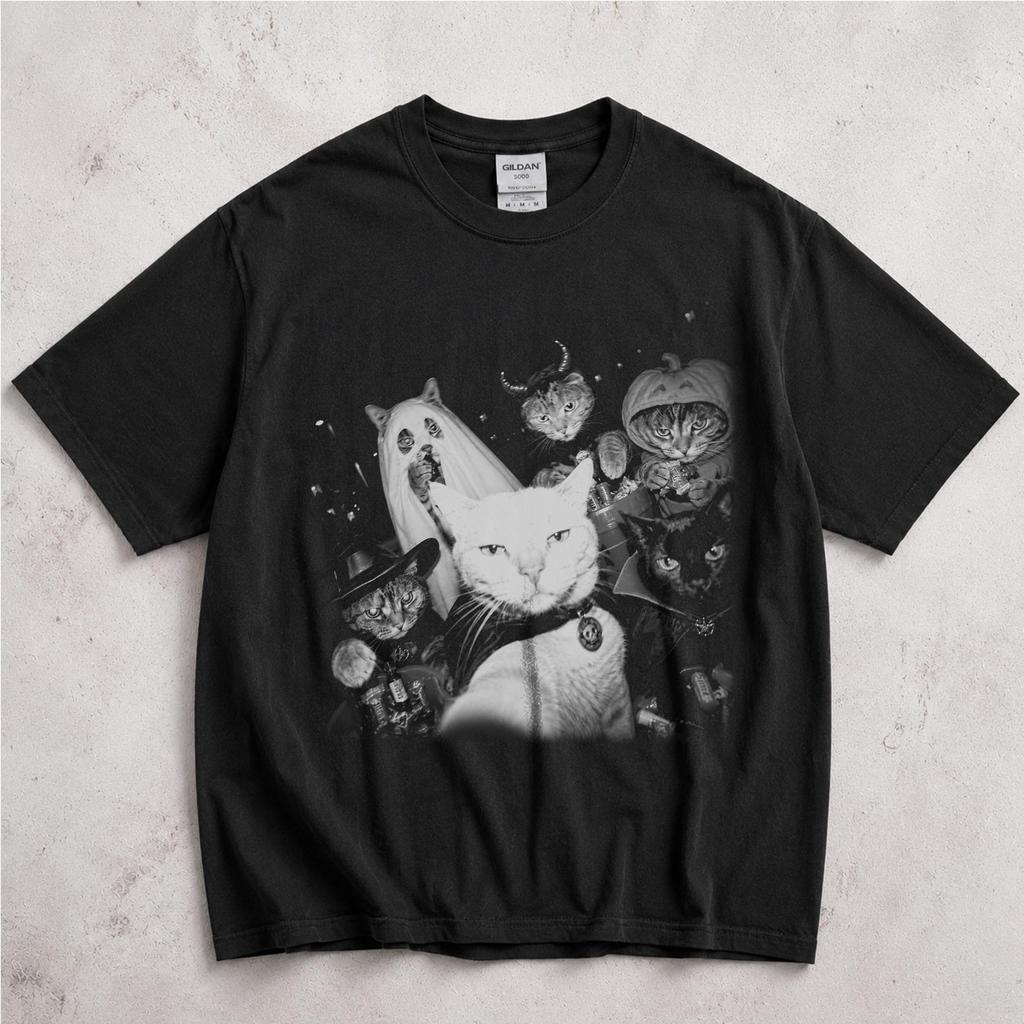 Spooky Cat Gangster Halloween Shirt, Funny Cat Selfie Tee, Ghost Kitty Trick Or Treat Apparel, Cat Lover Squad Top