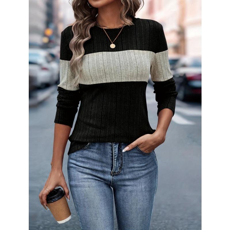 Женская футболка с круглым воротником и длинными рукавами, цветные блоки, мягкая женская одежда, топ, пуловер, повседневные базовые туники, облегающие футболки