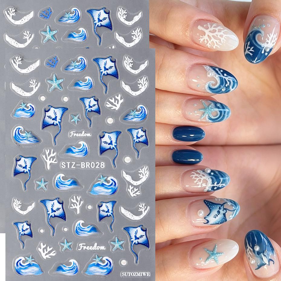 Xiaomi 2pcs Ocean Manta Starfish Nail Art Stickers Ocean Manta Starfish Coral Waves Summer Ocean Theme Nail Art Decals Nail Decorations