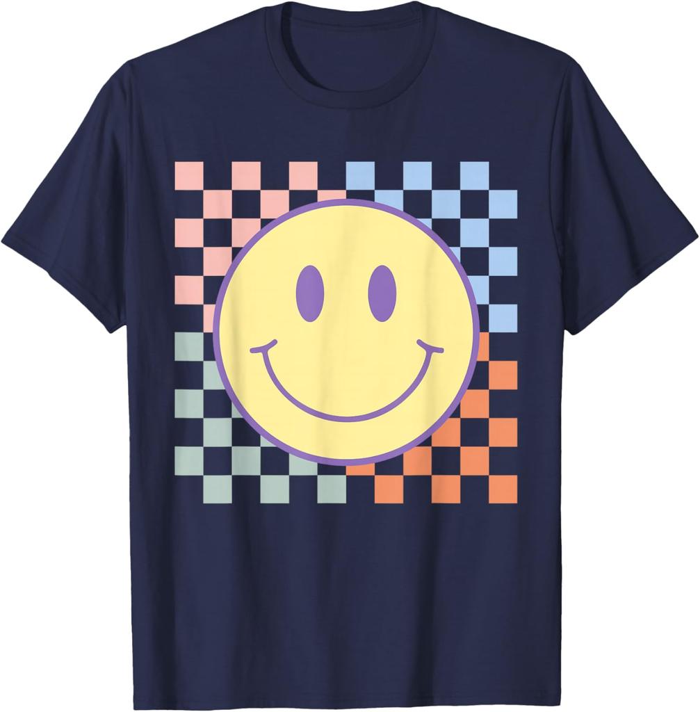 Retro Happy Face Shirt Checkered Pattern Smile Face Trendy T-Shirt