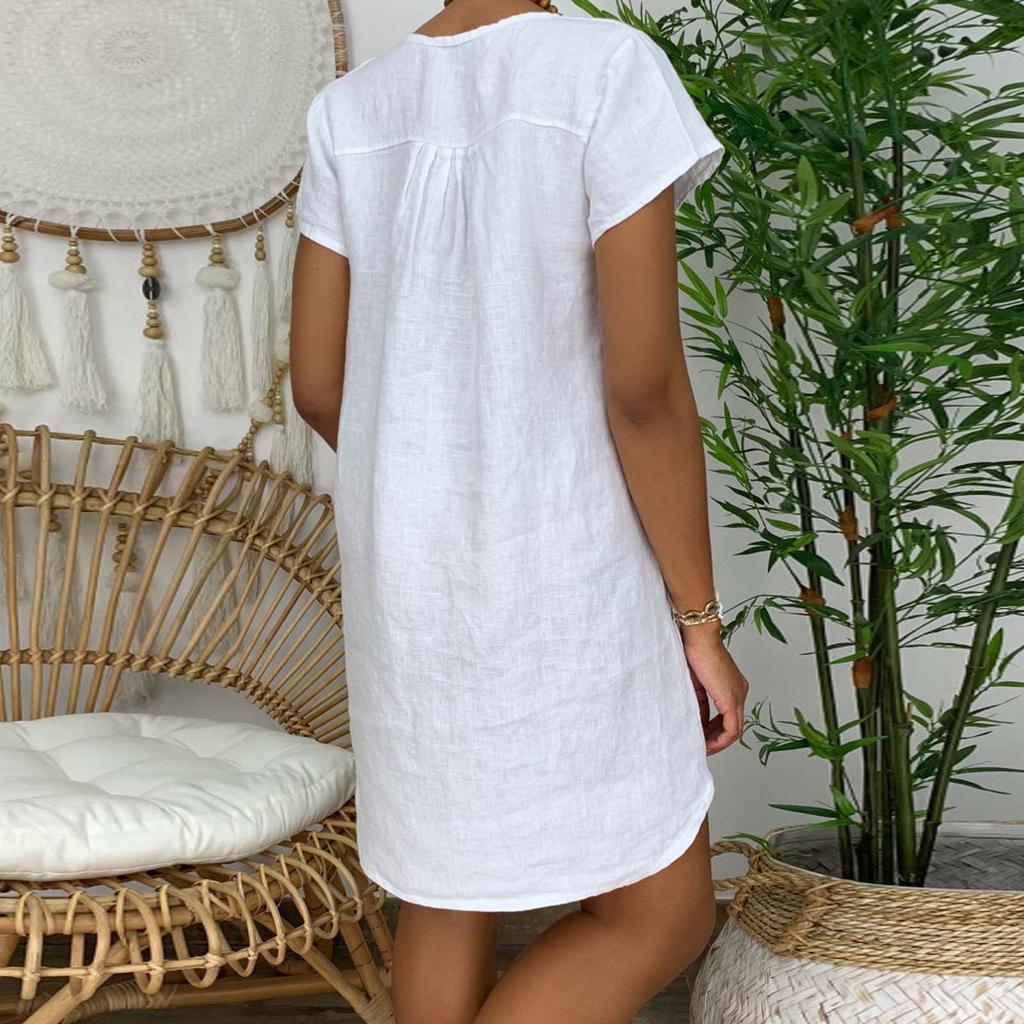 Женская мода, летняя свободная юбка, хлопковое льняное платье с коротким рукавом и v-образным вырезом