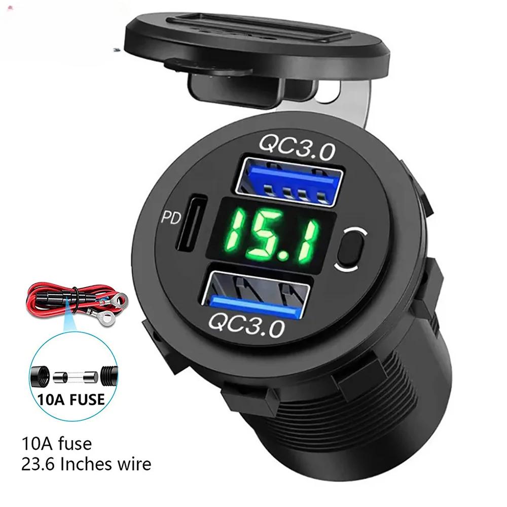 60 Вт PD Dual QC 3.0 USB зарядное устройство с цифровым вольтметром переключатель розетка адаптер питания водонепроницаемый 12 В 24 В автомобиль грузовик мотоцикл