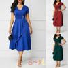 Elegant Women Solid Color Short Sleeve V Neck Asymmetric Hem Waist Tight Midi Party Dress Ladies Evening Vestidos