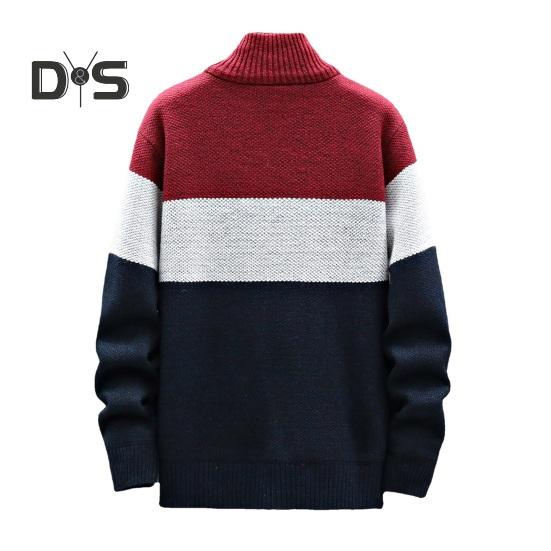 Men Autumn Winter Sweater Coat Stand Collar Thick Plush Color Matching Knitted Elastic Zip-up Long Sleeves Pockets Mid Length Daily Wear Jacket