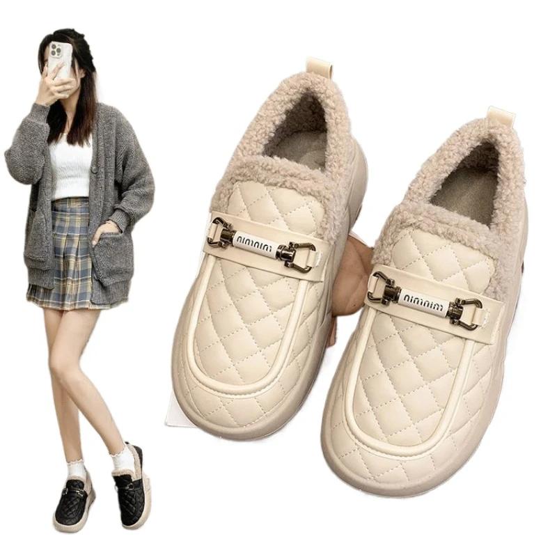 Модные бархатные мокасины для женщин 2024 года, осень и зима, плоская подошва, нескользящая теплая хлопковая обувь, модные туфли Bean, кожаная обувь