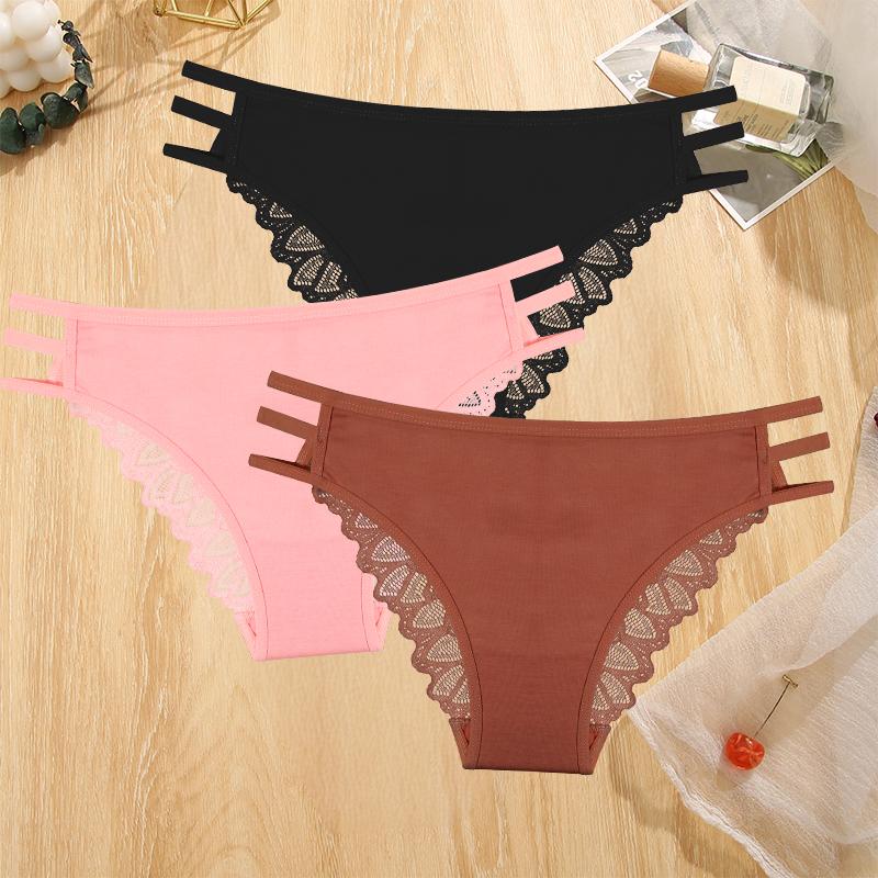 3Pcs Sexy Lady Style Transparent Lace Underwear Women's Straps Panties Seamless Perspective Briefs Low Waisted Triangle Pants
