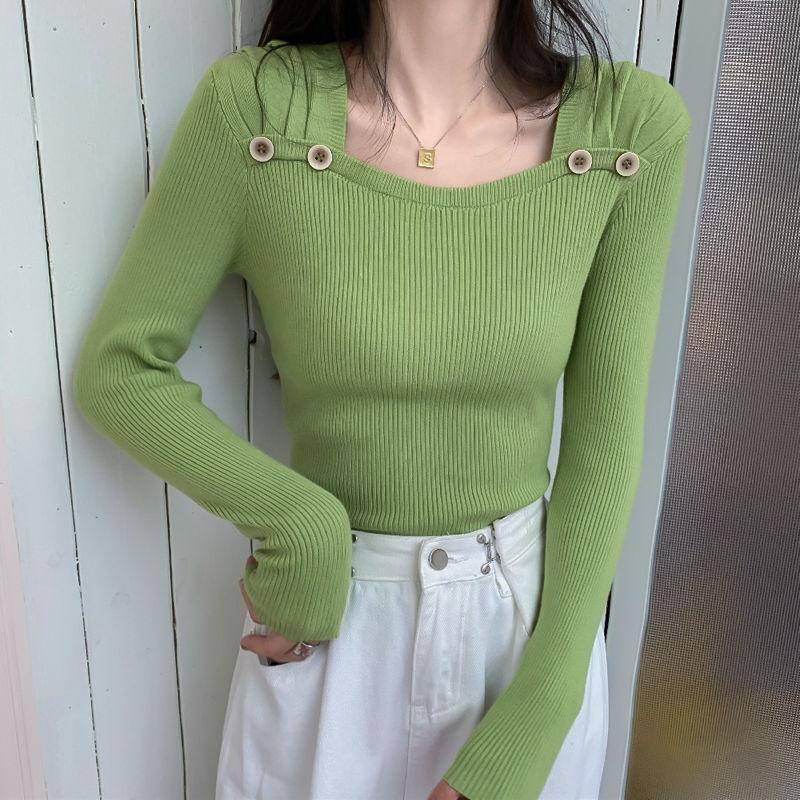 Осенние вязаные топы с длинными рукавами, модные пуговицы с украшением, свитера с квадратным воротником, корейские однотонные облегающие пуловеры для женщин 28523