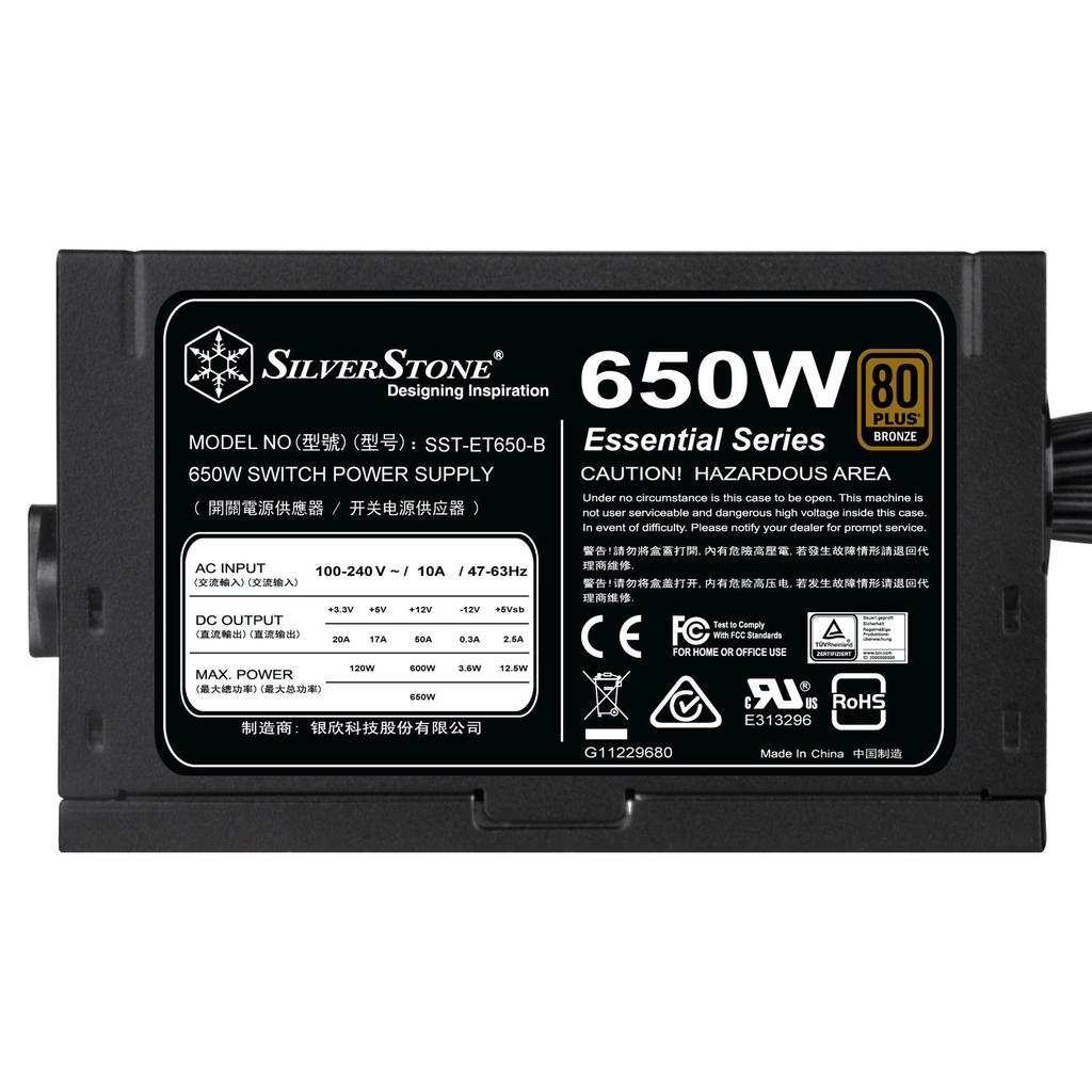Блок питания SilverStone Essential Series 650 Вт, сертификат 80PLUS BRONZE, SST-ET650-B, Авторизованный дистрибьютор