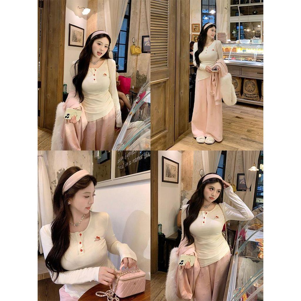 Annie's Kitty Embroidery Waist-Cinching Knit T-Shirt for Plus-Size Women - Slimming Long-Sleeved Top