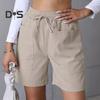 Women's Summer Shorts Casual Stretch Mid Waist Shorts with Pockets Drawstring Wide Leg Sports Pants Fitness Outfit