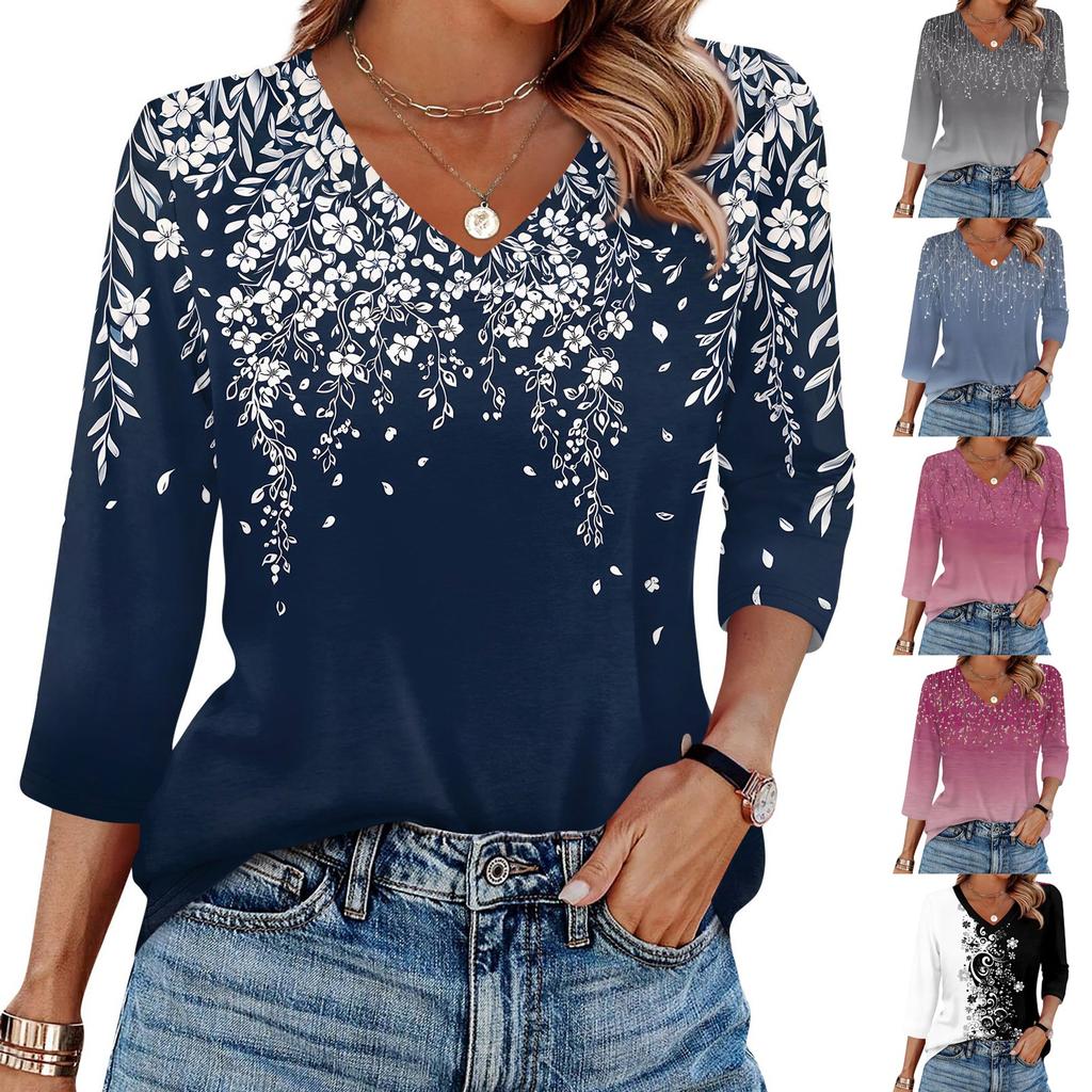 Women's T Shirt Print 3/4 Sleeve Daily Weekend Fashion Basic V- Neck Regular Top