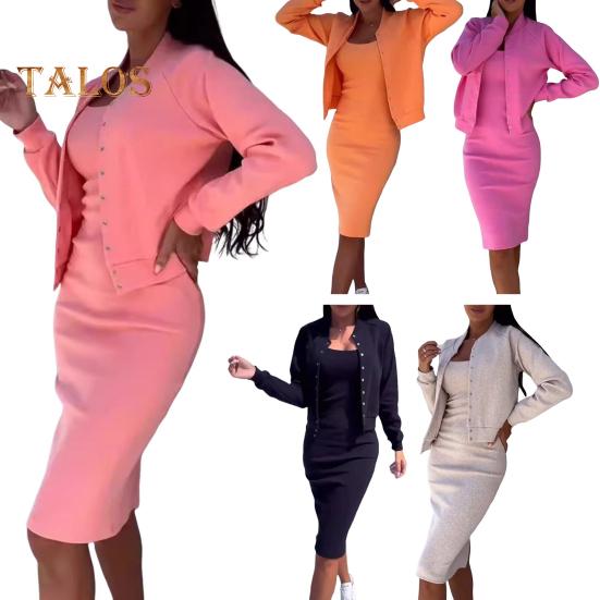 2 шт./комплект женский пальто платье комплект однобортный круглый вырез длинный рукав жакет облегающее платье-комбинация осеннее платье миди жакет комплект OL коммутационный офис